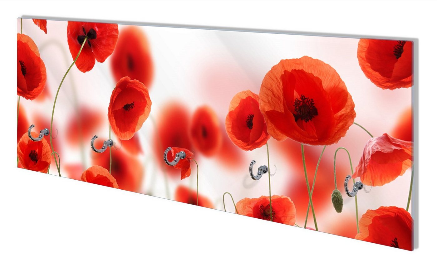 Wallario Wandgarderobe Leuchtende Mohnblumen - Rote Mohnblumenblüten (1-teilig, inkl. Haken und Befestigungsset), 80x30cm, aus ESG-Sicherheitsglas von Wallario