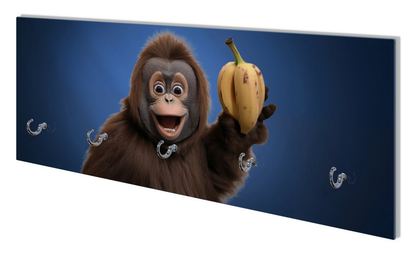 Wallario Garderobenpaneel Lustiger Affe mit Bananen (1-teilig, inkl. Haken und Befestigung), 80x30cm von Wallario
