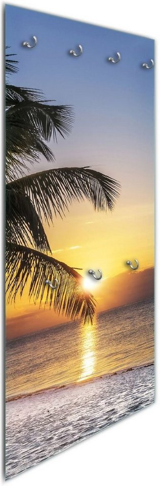 Wallario Wandgarderobe Palme am Strand - Sonnenuntergang über dem Meer (1-teilig, inkl. Haken und Befestigungsset), 50x125cm, aus ESG-Sicherheitsglas von Wallario
