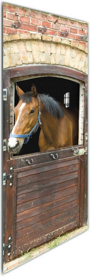 Wallario Wandgarderobe Pferd im Stall (1-teilig, inkl. Haken und Befestigungsset), 50x125cm, aus ESG-Sicherheitsglas von Wallario