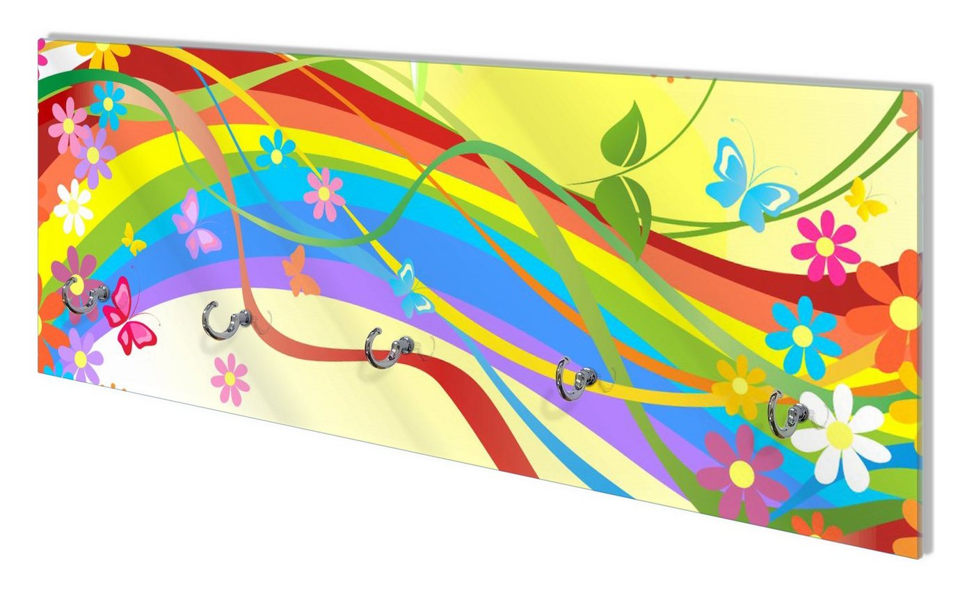 Wallario Wandgarderobe Regenbogen im Sommer - Bienchen und Blümchen (1-teilig, inkl. Haken und Befestigungsset), 80x30cm, aus ESG-Sicherheitsglas von Wallario