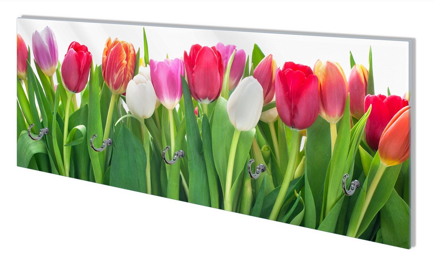 Wallario Wandgarderobe Rote weiße und pinke Tulpen im Frühling (1-teilig, inkl. Haken und Befestigungsset), 80x30cm, aus ESG-Sicherheitsglas von Wallario