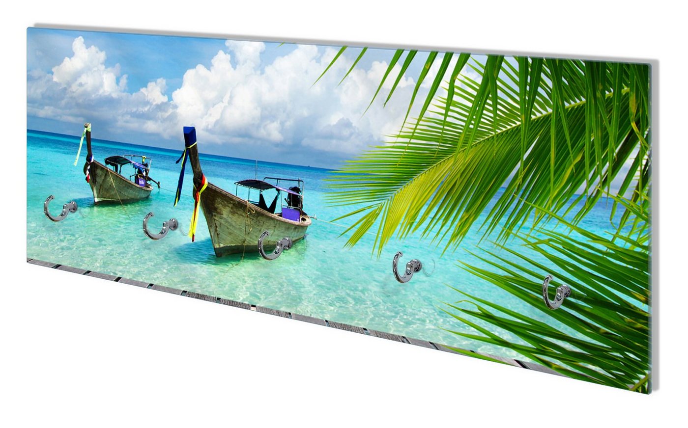 Wallario Wandgarderobe Sonnenboot in der Karibik (1-teilig, inkl. Haken und Befestigungsset), 80x30cm, aus ESG-Sicherheitsglas von Wallario