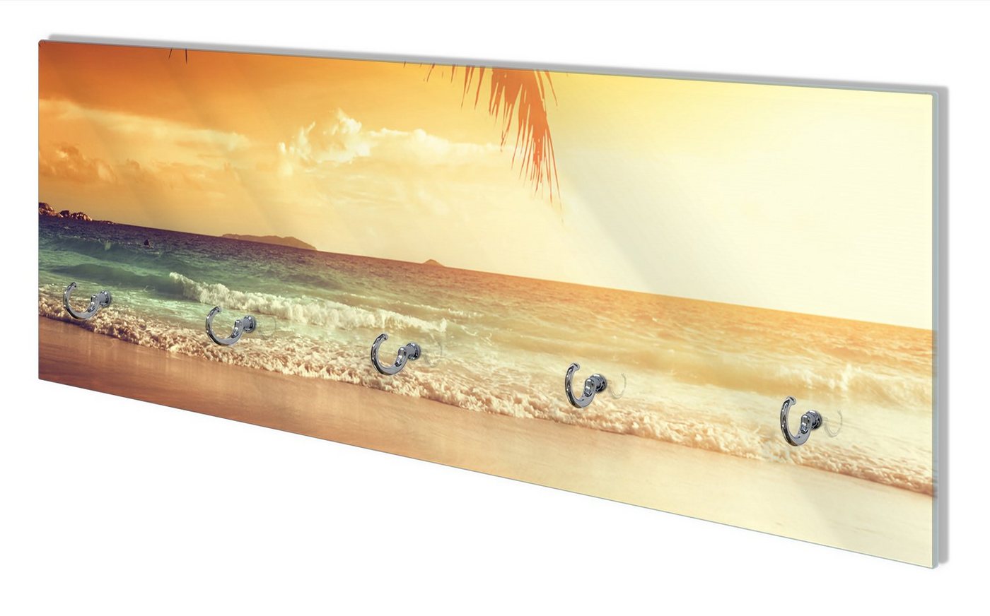 Wallario Wandgarderobe Sonnenuntergang am Strand in der Karibik (1-teilig, inkl. Haken und Befestigungsset), 80x30cm, aus ESG-Sicherheitsglas von Wallario