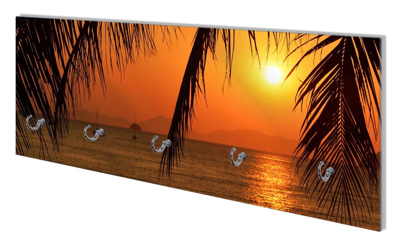 Wallario Wandgarderobe Sonnenuntergang unter Palmenblättern (1-teilig, inkl. Haken und Befestigungsset), 80x30cm, aus ESG-Sicherheitsglas von Wallario