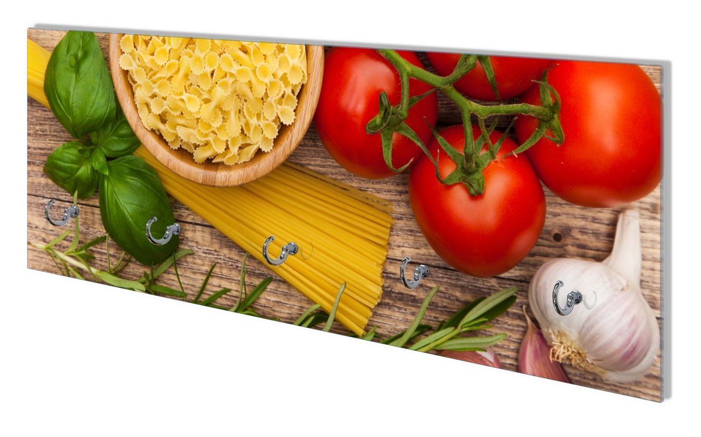 Wallario Wandgarderobe Spaghetti mit Tomaten, Knoblauch und Basilikum (1-teilig, inkl. Haken und Befestigungsset), 80x30cm, aus ESG-Sicherheitsglas von Wallario