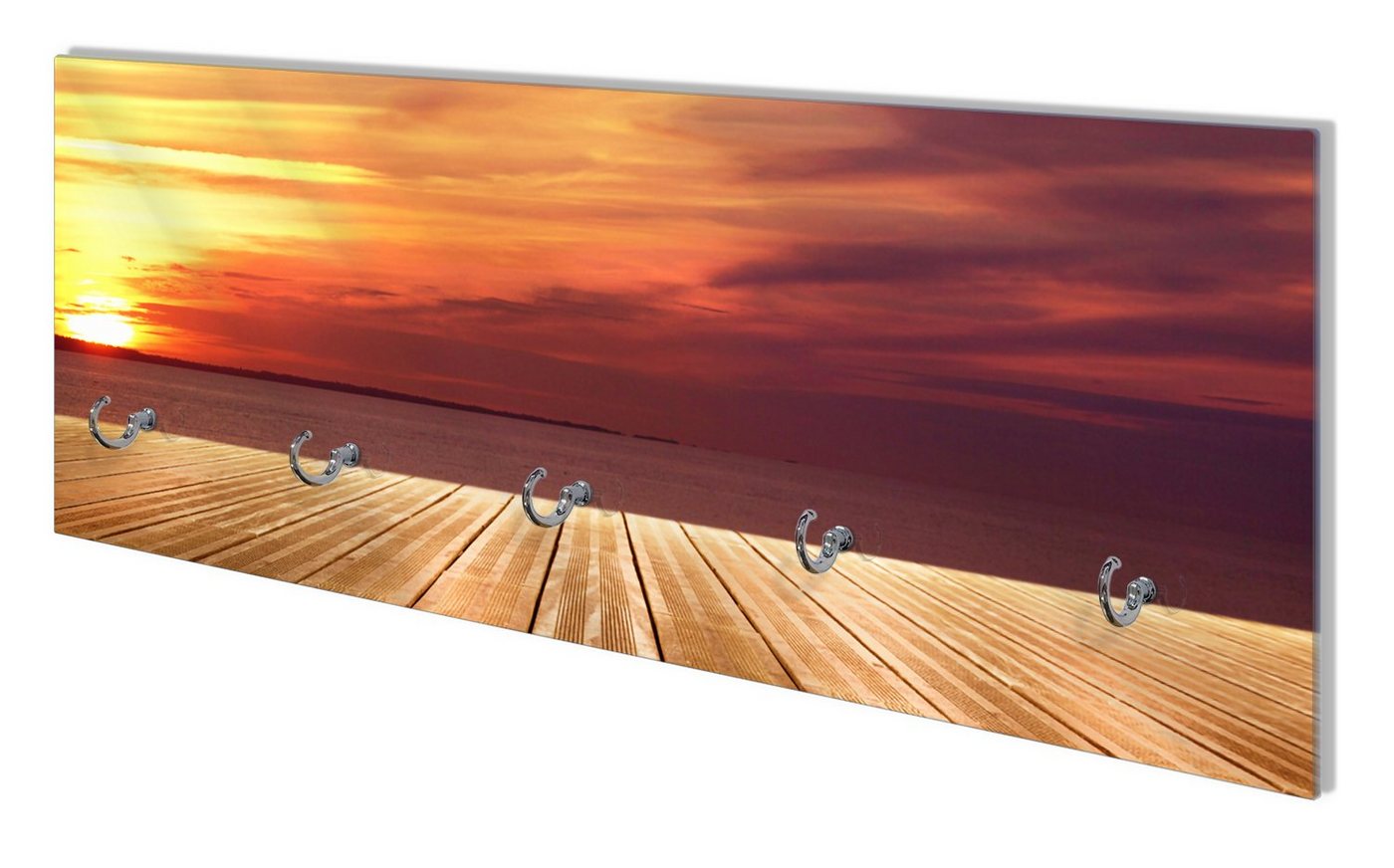 Wallario Wandgarderobe Steg am See - Sonnenuntergang und roter Himmel (1-teilig, inkl. Haken und Befestigungsset), 80x30cm, aus ESG-Sicherheitsglas von Wallario