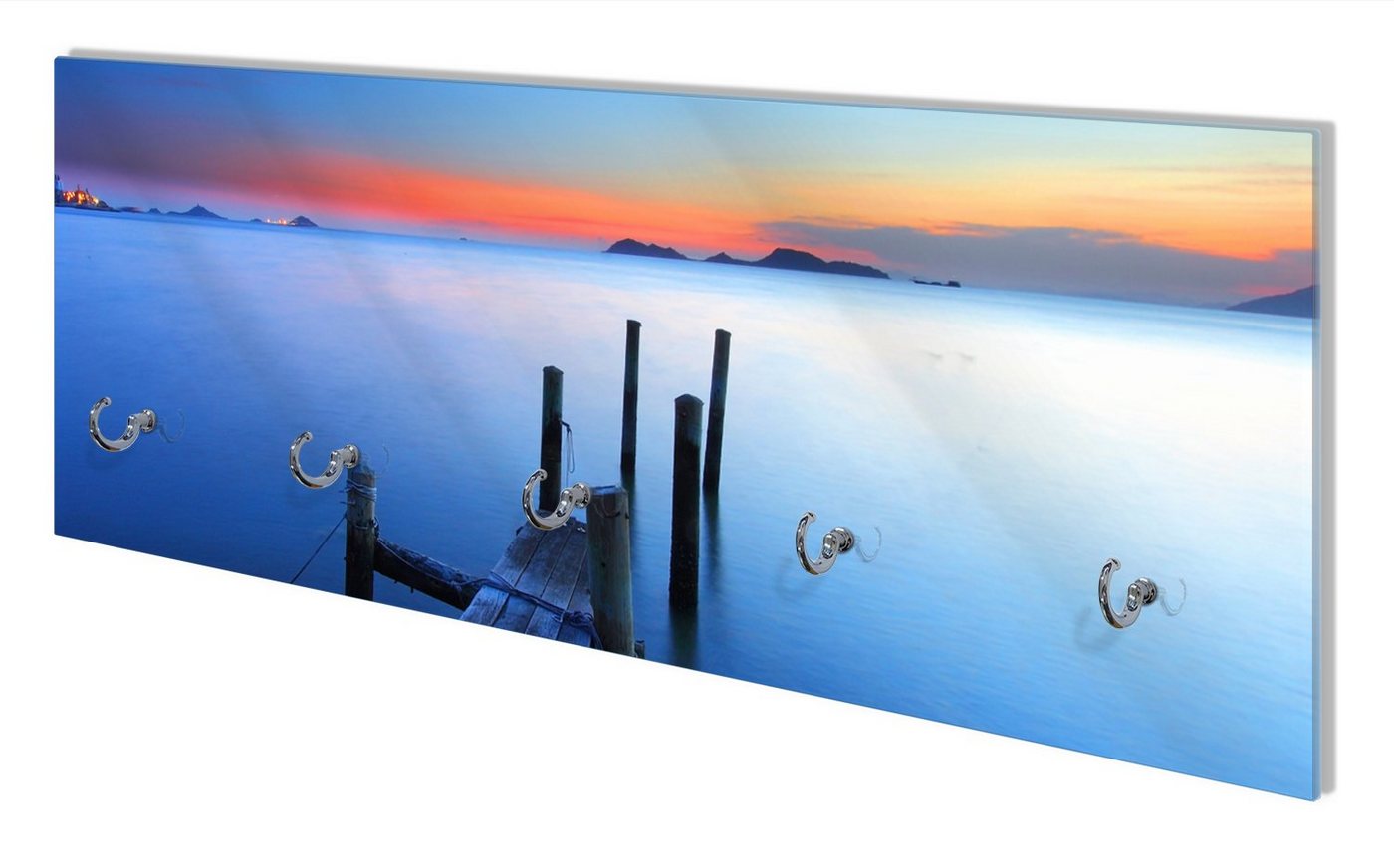 Wallario Wandgarderobe Steg im Wasser - Abendstimmung am Meer (1-teilig, inkl. Haken und Befestigungsset), 80x30cm, aus ESG-Sicherheitsglas von Wallario
