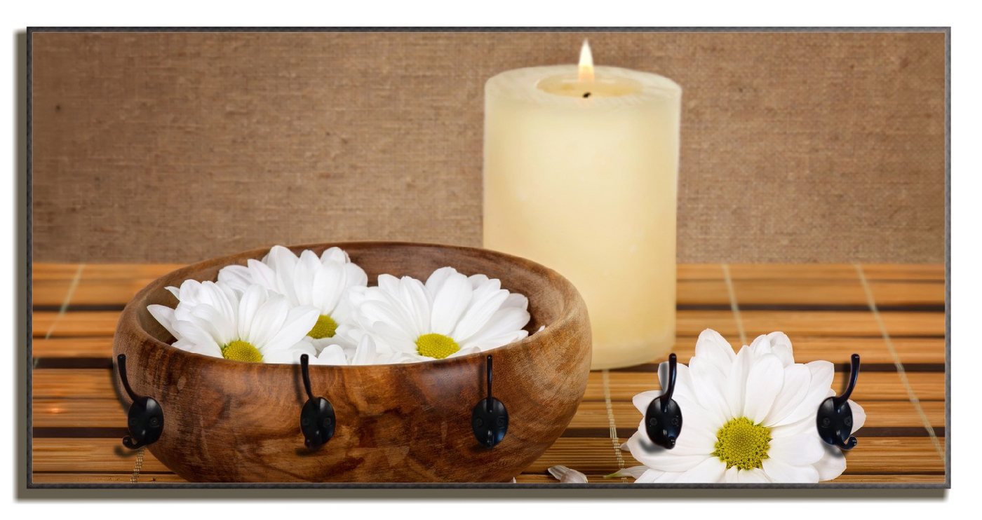 Wallario Garderobenpaneel Stillleben - Kerzen und Blumenblüten in Holzschale (1-teilig, inkl. Haken und Befestigung), 80x40cmHolz von Wallario