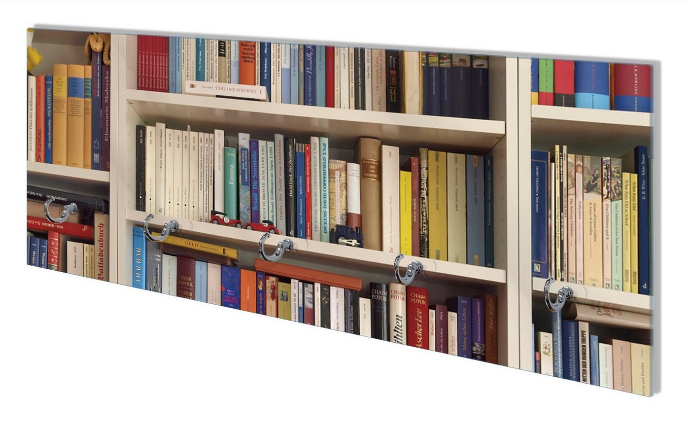 Wallario Wandgarderobe Weißes Bücherregal mit unterschiedlichen Büchern (1-teilig, inkl. Haken und Befestigungsset), 80x30cm, aus ESG-Sicherheitsglas von Wallario