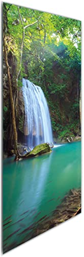 Wallario Wandgarderobe aus Glas in Größe 50 x 125 cm in Premium-Qualität, Motiv: Wasserfall im Wald am See Idylle in Thailand | 7 Kleiderhaken zum Aufhängen von Jacken von Wallario