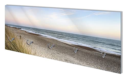 Wallario Wandgarderobe aus Glas in Größe 80 x 30 cm mit Memoboard-Funktion, Motiv: Strandspaziergang im Urlaub an der Ostsee | 5 Kleiderhaken zum Aufhängen von Jacken von Wallario