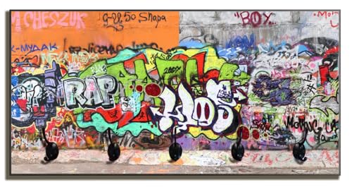 Wallario Wandgarderobe aus Holz in Größe 80 x 40 cm in Premium-Qualität, Motiv: RAP-Graffiti- Wand mit verschiedenen Tags | 5 Kleiderhaken zum Aufhängen Wallario Wandgarderobe aus Holz in Größe 80 x 40 cm in Premium-Qualität, Motiv: RAP-Graffiti- Wand mit verschiedenen Tags | 5 Kleiderhaken zum Aufhängen von Wallario