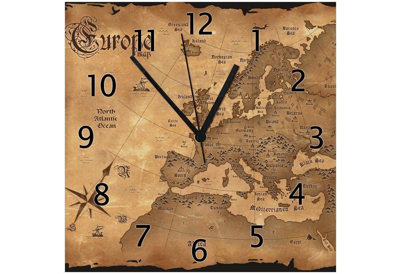 Wallario Wanduhr Alte Weltkarte Karte von Europa in englisch (Glasuhr) von Wallario