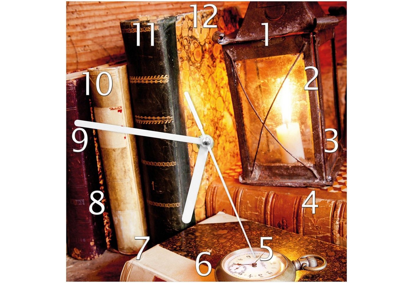 Wallario Wanduhr Antike Laterne mit Kerze alten Büchern und Taschenuhr (Glasuhr) von Wallario
