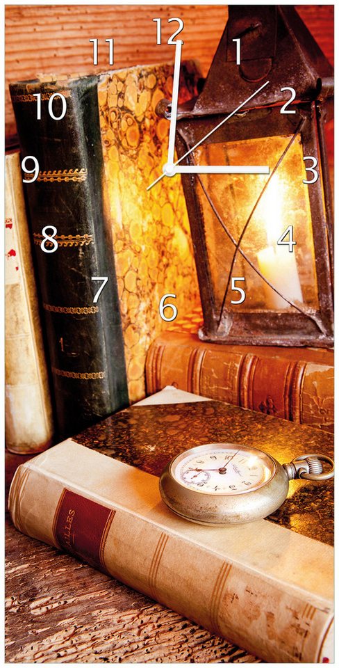 Wallario Wanduhr Antike Laterne mit Kerze alten Büchern und Taschenuhr (Uhr aus Acryl) von Wallario