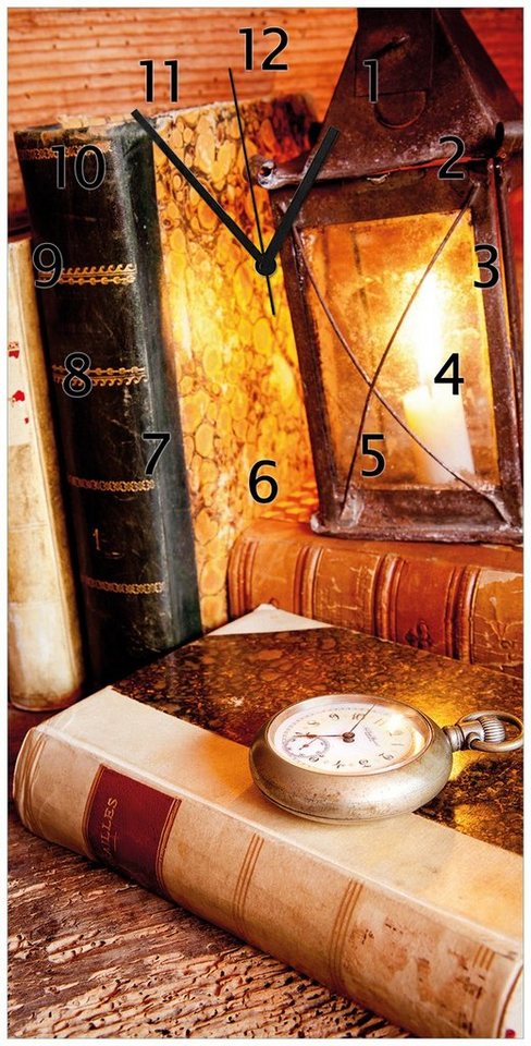 Wallario Wanduhr Antike Laterne mit Kerze alten Büchern und Taschenuhr (Uhr aus Acryl) von Wallario