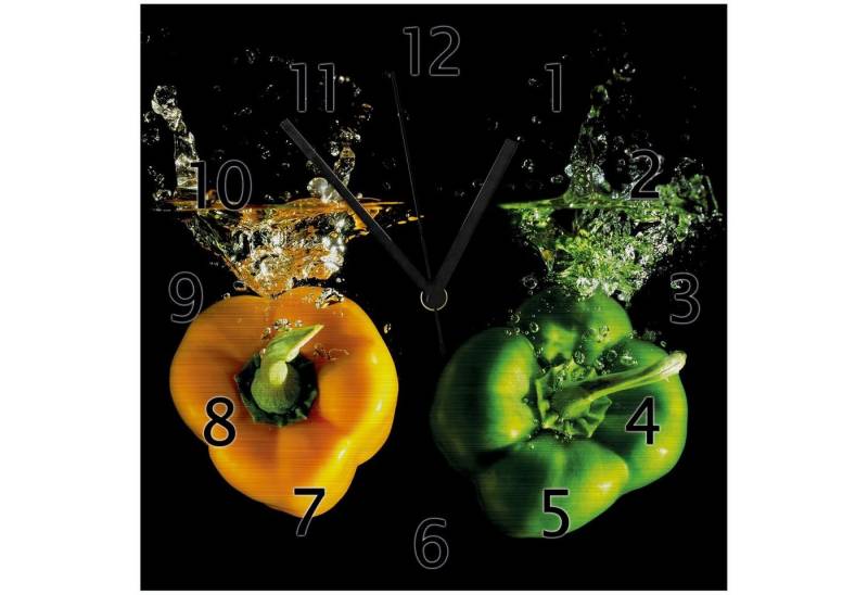 Wallario Wanduhr Bunte Küche Paprika in orange und grün im Wasser (Aluverbunduhr) von Wallario