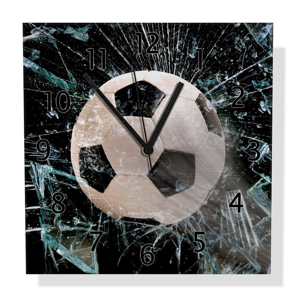 Wallario Wanduhr Fußball - im Fenster, Splitter und Glas (Aluverbunduhr) von Wallario