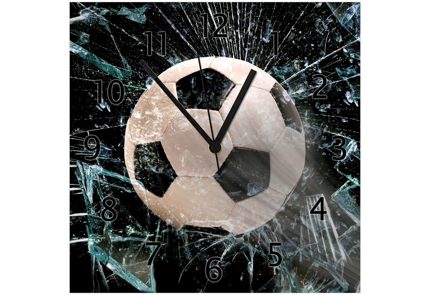 Wallario Wanduhr Fußball - im Fenster, Splitter und Glas (Glasuhr) von Wallario