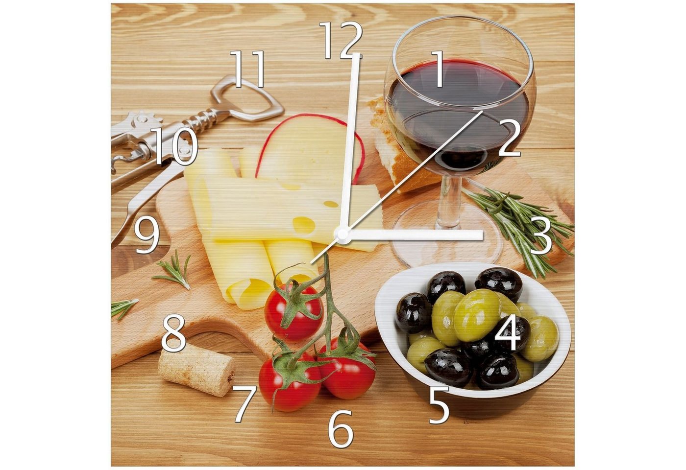 Wallario Wanduhr Genuss am Abend - Rotwein, Käseplatte, Oliven und Tomaten (Aluverbunduhr) von Wallario