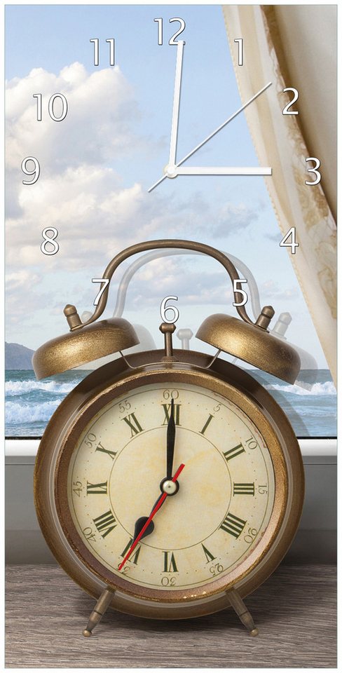 Wallario Wanduhr Guten Morgen sagt das Meer - Wecker und Vorhang am Fenster (Uhr aus Acryl) von Wallario