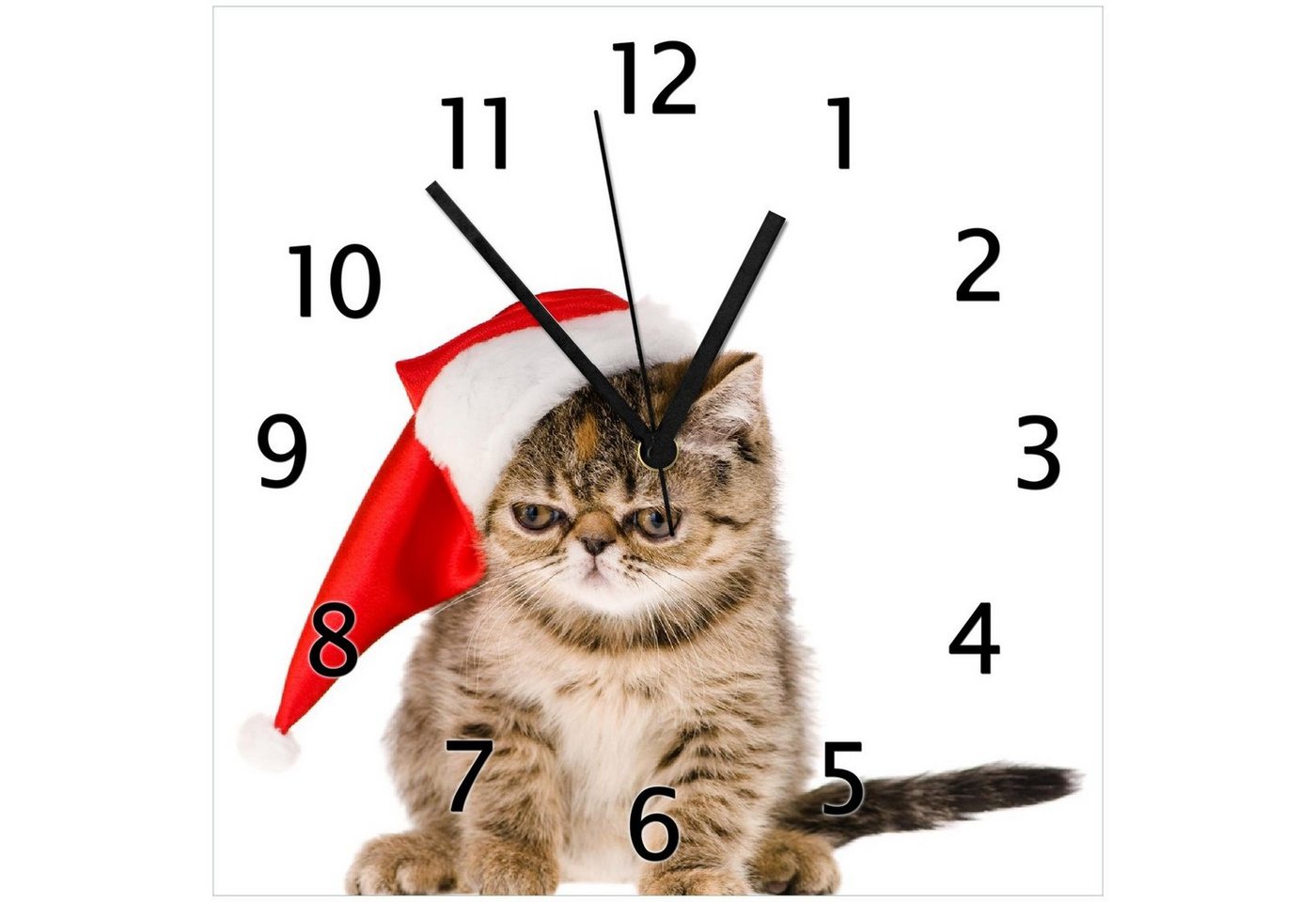 Wallario Wanduhr Ich hasse Weihnachten - mürrische Katze mit Weihnachtsmütze (Glasuhr) von Wallario