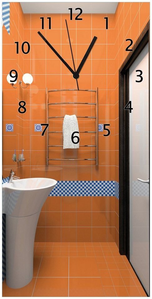 Wallario Wanduhr Modernes Badezimmer in orange mit blauen Fliesen (Uhr aus Acryl) von Wallario