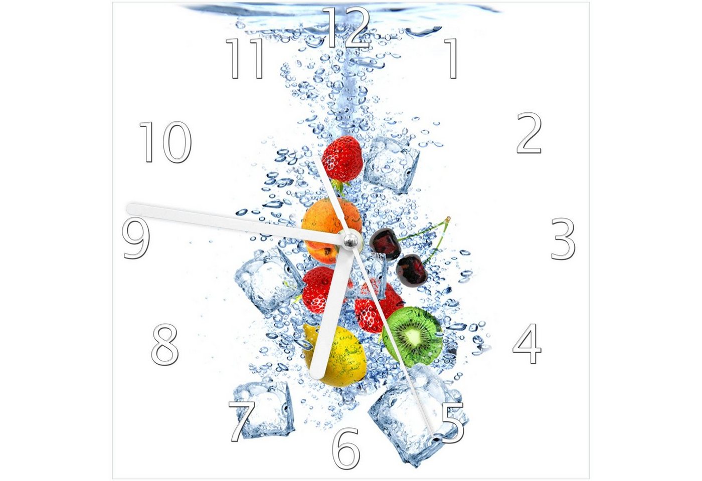 Wallario Wanduhr Obst-Eiswürfel-Mix im Wasser mit weißem Hintergrund (Glasuhr) von Wallario