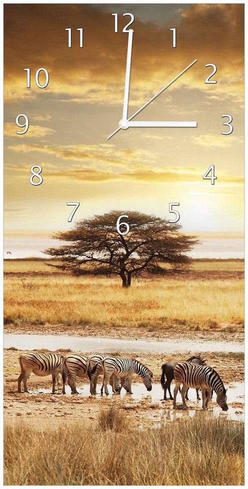 Wallario Wanduhr Safari in Afrika eine Herde Zebras am Wasser (Uhr aus Acryl) von Wallario