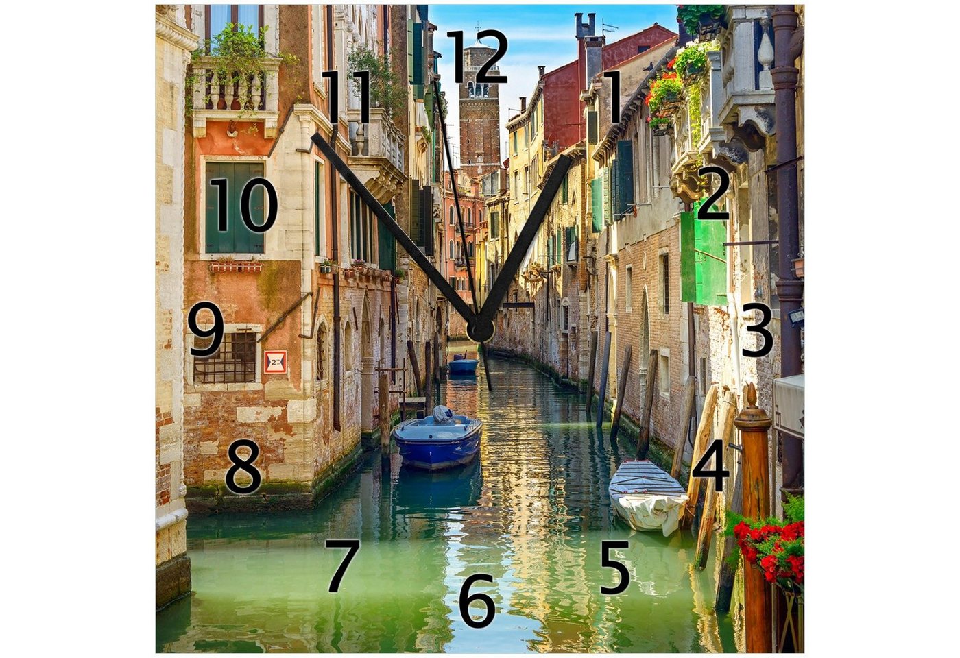 Wallario Wanduhr Urlaub in Venedig Kanal zwischen bunten Häusern (Glasuhr) von Wallario