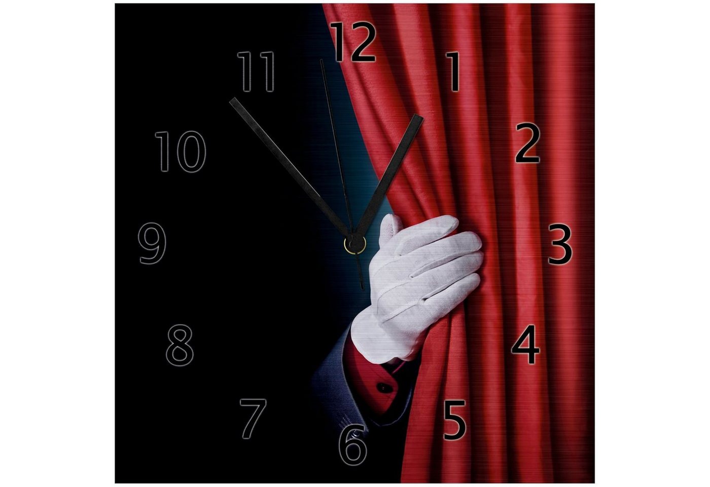 Wallario Wanduhr Vorhang auf für die Show Hand hinterm roten Vorhang (Aluverbunduhr) von Wallario