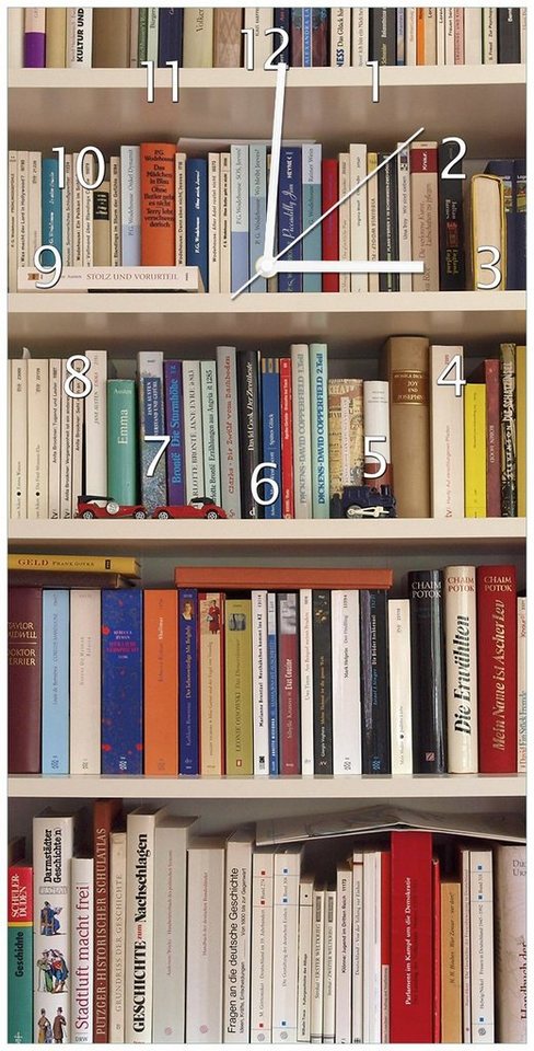 Wallario Wanduhr Weißes Bücherregal mit unterschiedlichen Büchern (Uhr aus Acryl) von Wallario