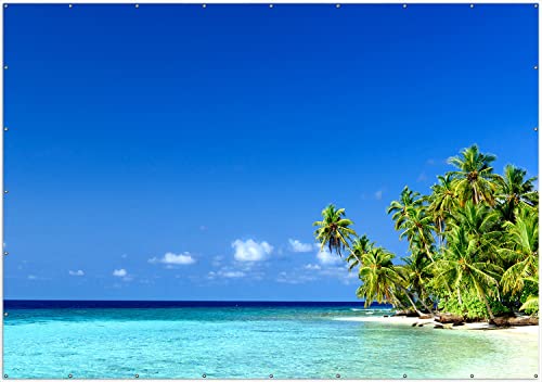 Wallario XXL Outdoor-Poster für Garten oder Balkon Blauer Himmel weißer Strand Palmen und das tiefblaue Meer, Motivbanner Größe: ca. 400 x 280 cm, Outdoor-Bild von Wallario