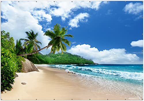 Wallario XXL Outdoor-Poster für Garten oder Balkon Urlaub auf den Seychellen unter Palmen am Sandstrand, Motivbanner Größe: ca. 400 x 280 cm, Outdoor-Bild von Wallario