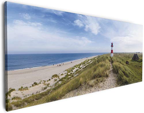 Wallario XXL Leinwandbild Am Strand von Sylt Leuchtturm auf der Düne Panorama - Wandbild 60 x 150 cm Brillante lichtechte Farben, hochauflösend, verzugsfrei, Kunstdruck von Wallario