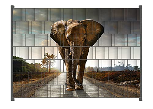 Wallario Zaun Sichtschutz Windschutz für EIN- und Doppelstabmattenzäune in der Größe Breite 2,00m x Höhe 1,40m, Motiv: Elefant bei Sonnenaufgang in Afrika von Wallario