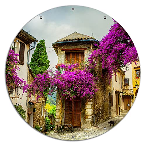 Wallario rundes Outdoor-Poster für Garten oder Balkon Malerische Stadt in der Provence mit bunten Blumen, Motivbanner 120 cm Durchmesser von Wallario