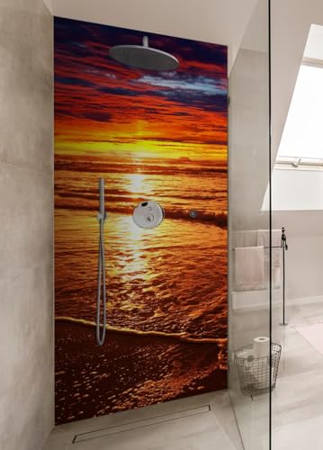 Wallario selbstklebende Duschrückwand 80 x 200 cm mit Motiv Farbenfroher Sonnenuntergang über dem Meer II - Wandverkleidung Fließenersatz mit Hochglanzlaminat in Glasoptik von Wallario