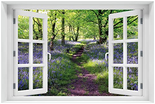 Wallario selbstklebendes Poster - Blaues Hasenglöckchen im Wald, Aufkleber in Premiumqualität, Klebefolie Größe: 61 x 91,5 cm mit Fenster-Illusion (Maxiposter) von Wallario