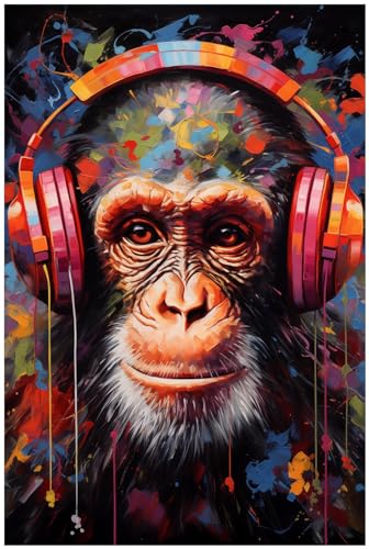 Wallario selbstklebendes Poster - Schimpanse mit Kopfhörern, Aufkleber in Premiumqualität, Klebefolie Größe: 61 x 91,5 cm (Maxiposter) von Wallario