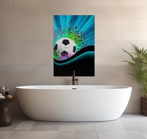 Wallario wasserfestes Poster selbstklebend 61 x 91,5 cm, Fußball - Design Wellen und Regenbogen in blau, Badezimmerposter Spritzschutz mit Hochglanzoberfläche in Glasoptik von Wallario