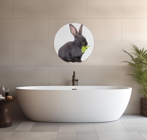 Wallario wasserfestes Poster selbstklebend Rund, 60 cm Durchmesser, Süßes Kaninchen mit Grünzeug beim Futtern, Badezimmerposter Spritzschutz mit Hochglanzoberfläche in Glasoptik von Wallario
