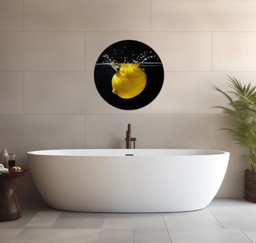Wallario wasserfestes Poster selbstklebend Rund, 60 cm Durchmesser, Zitrone im Wasser - Frisches Obst für die Küche, Badezimmerposter Spritzschutz mit Hochglanzoberfläche in Glasoptik von Wallario