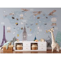 Tiere Weltkarte Und Berühmte Wahrzeichen Der Welt Für Kinder Kinderzimmer Tapete Peel & Stick Wallpaper/Abnehmbare Temporäre von WallbeautyshopCo