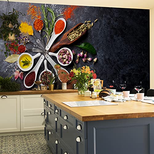 Wallepic Selbstklebende Fototapete Küche Gewürze Natur Paprika Kräuter 135 x 90 Moderne Tapete XXL Blatt Orientalisch Steinoptik Küche Esszimmer Restaurant Wandtapete Br. 135 cm x Hö. 90 cm von Wallepic