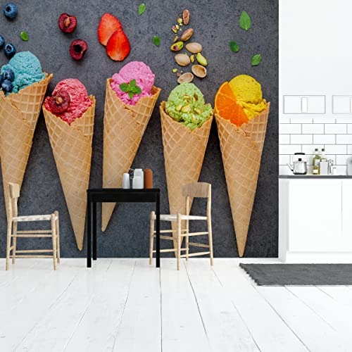 Wallepic Selbstklebende Fototapete Küche Süßigkeiten EIS Waffeln Obst 180 x 120 Moderne Tapete XXL Erdbeeren Orangen Steinoptik Küche Esszimmer Restaurant Wandtapete Br.180xHö.120 von Wallepic