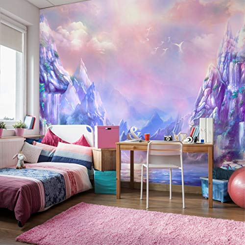 Wallepic Selbstklebende Fototapete Magisch Berge Steinoptik Himmel 208 x 146 Moderne Tapete XXL Wolken Tiere Vögel Wohnzimmer Schlafzimmer Büro Flur Wandtapete Br. 208 cm x Hö. 146 cm von Wallepic