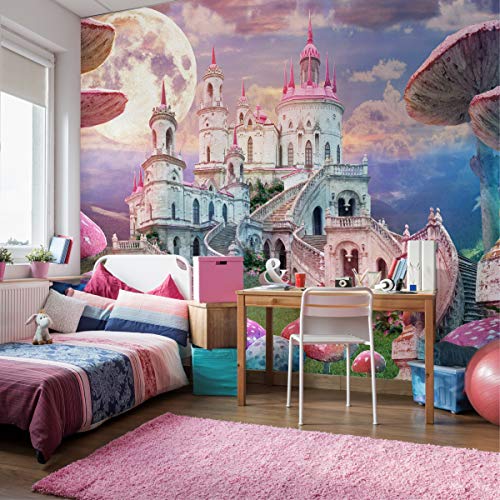 Wallepic Selbstklebende Fototapete Natur Prinzessin Schloss Pilze Gras 450 x 300 Moderne Tapete XXL Blumen Himmel Mond Wohnzimmer Schlafzimmer Büro Flur Wandtapete Br. 450 cm x Hö. 300 cm von Wallepic