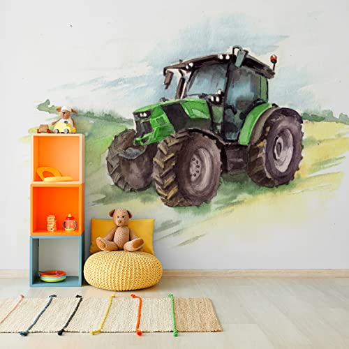 Wallepic Selbstklebende Fototapete Traktor Grün Natur Feld Pflanzen 135 x 90 Moderne Tapete XXL Himmel Wolken Abstrakt Wohnzimmer Schlafzimmer Büro Flur Wandtapete Br. 135 cm x Hö. 90 cm von Wallepic